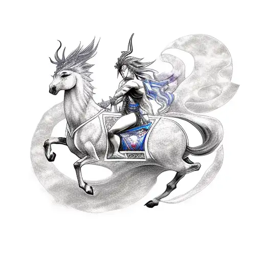 A tattoo design combining elements of Greek mythology and Japanese anime, featuring a mythical creature riding a majestic horse through a fantasy landscape tattoo design idea