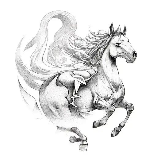 A tattoo design combining elements of Greek mythology and Japanese anime, featuring a mythical creature riding a majestic horse through a fantasy landscape tattoo design idea