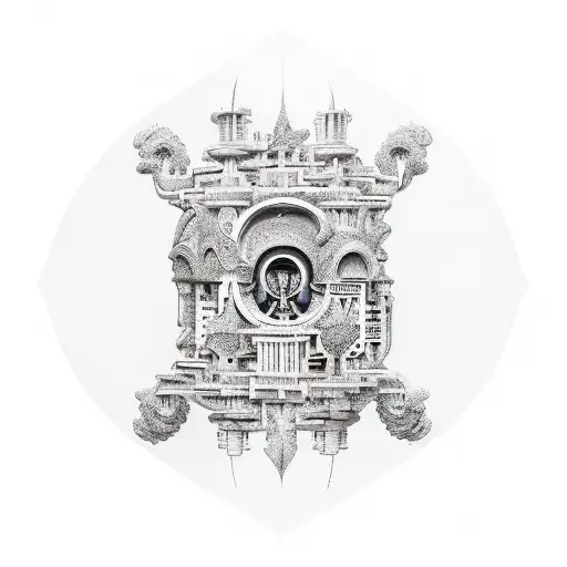 An intricate tattoo design inspired by French architecture, incorporating elements of software engineering code hidden within the design tattoo design idea