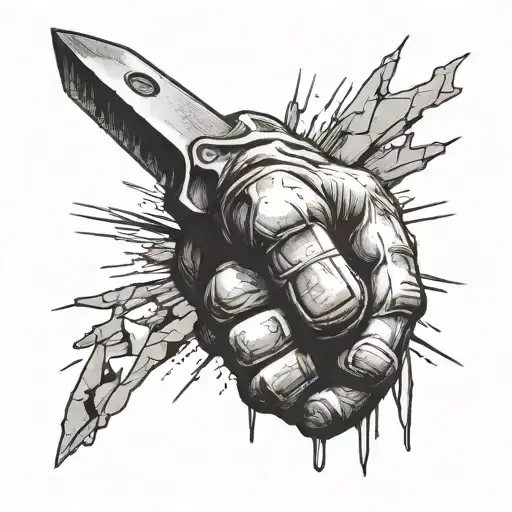 fist holding a knife in a stone optic like with a shadow of two fighting guys in the background tattoo design idea