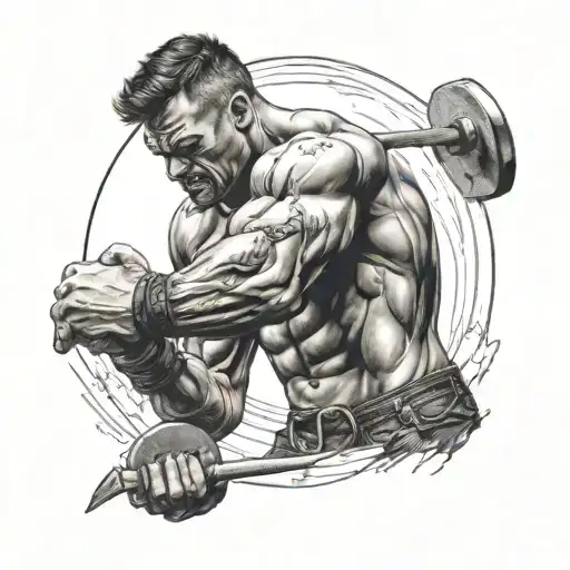 fist holding a knife, a fighting athlete, barbell plate in the background  tattoo design idea
