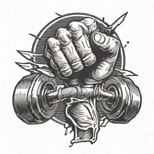 fist with knife, fighting athlete, crossfit barbell plate in the background  tattoo design idea
