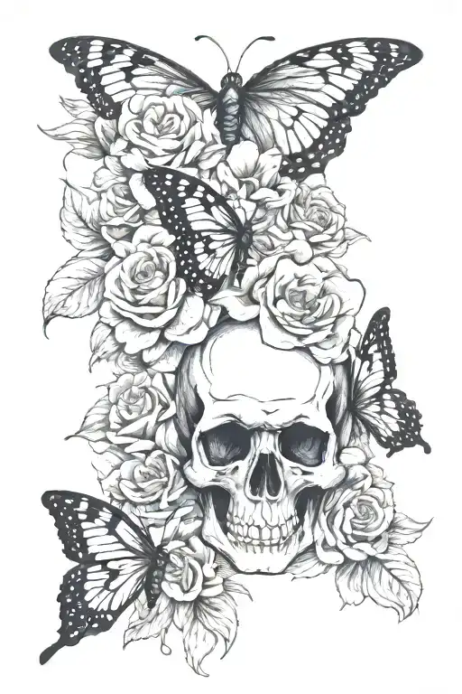 flowers with butterfly and skulls representing dark periods tattoo design idea