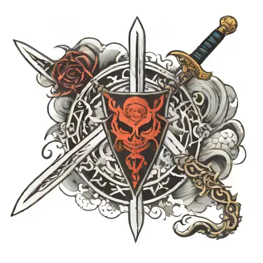 2 swords incorporating the Brand of Sacrifice from Berserk on the back tattoo design idea