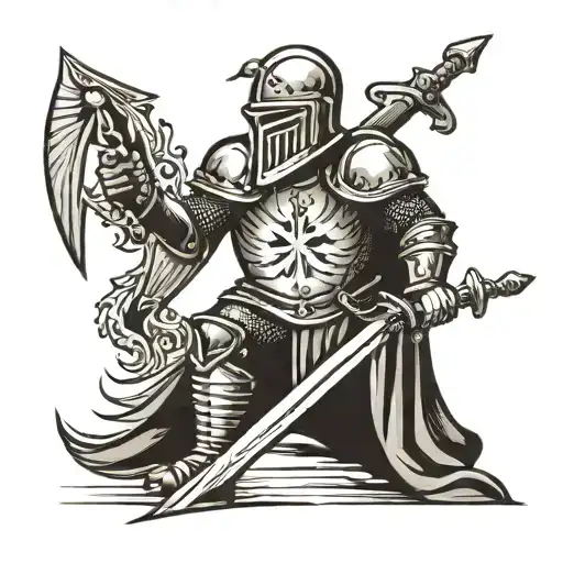knight bent over with spear through chest tattoo design idea