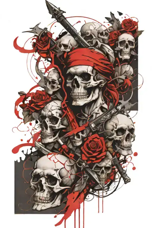 Man sleeve tattoo on the leg must feature multiple skulls and crosses, nude women and swords tattoo design idea