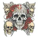 leg sleeve tattoo featuring multiple skulls, crosses, nude women, swords and some Latin proverb in Gothic writing tattoo design idea