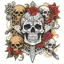 leg sleeve tattoo featuring multiple skulls, crosses, nude women, swords and some Latin proverb in Gothic writing tattoo design idea