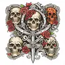 leg sleeve tattoo featuring multiple skulls, crosses, nude women, swords and some Latin proverb in Gothic writing tattoo design idea