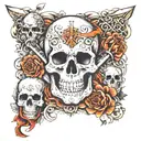 leg sleeve tattoo featuring multiple skulls, crosses, nude women, swords and some Latin proverb in Gothic writing tattoo design idea