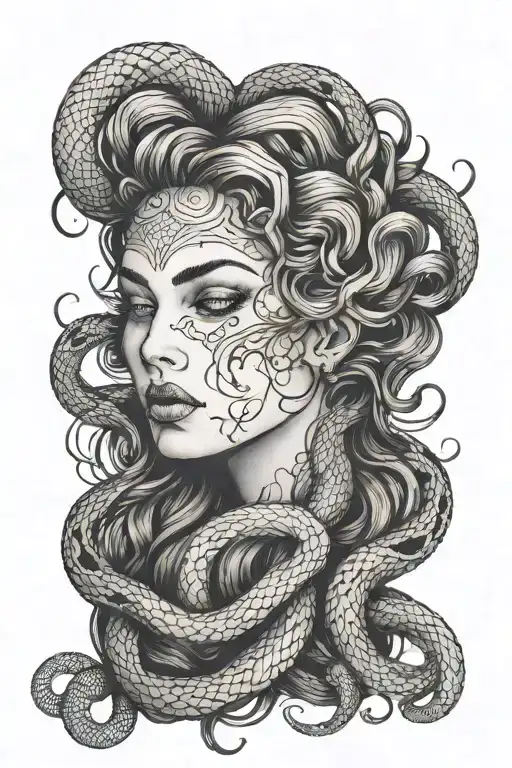 woman face wavy hair snakes  tattoo design idea