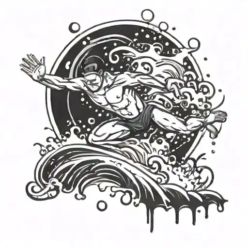 A tattoo design of a swimmer diving into a pool, with waves and water droplets surrounding them, incorporating elements of anime style tattoo design idea