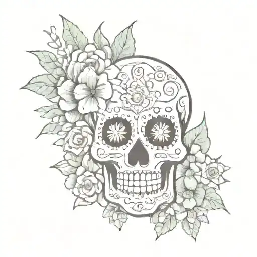 A tattoo design of a Mexican sugar skull surrounded by vibrant flowers and cacti, with a subtle nod to anime style in the eyes and expression tattoo design idea