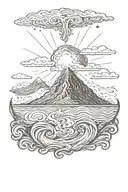 volcano, sun, love, waves tattoo design idea