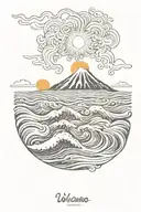 volcano, sun, love, waves tattoo design idea