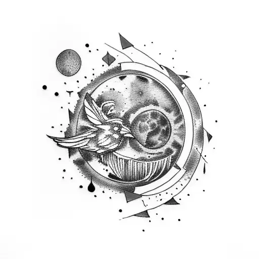 lower arm tattoo. blue full moon small and raven under it. watercolor red yellow black tattoo design idea