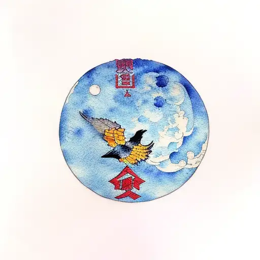 blue full moon and raven under it. watercolor red yellow black tattoo design idea