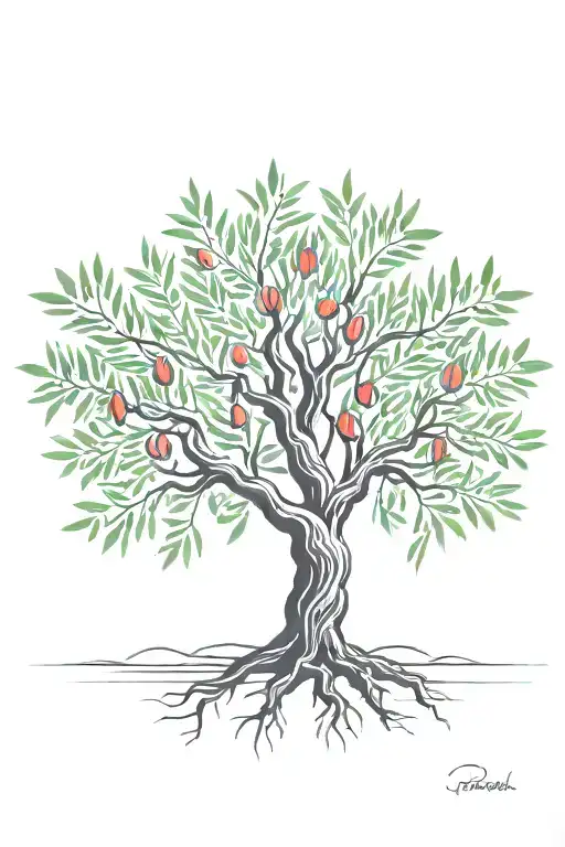fine line olive tree with roots asymmetrical   tattoo design idea