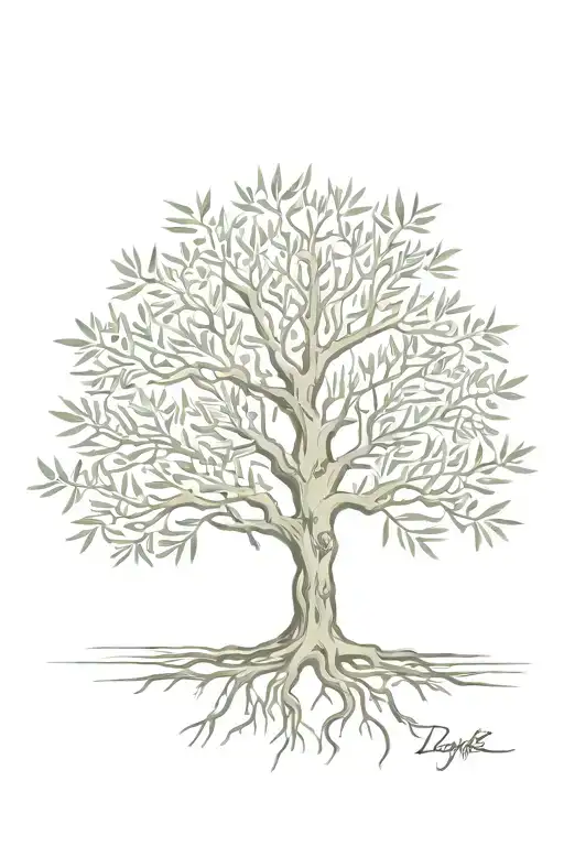 fine line olive tree with roots asymmetrical   tattoo design idea