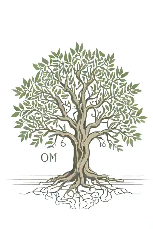 asymmetrical olive tree with roots with the letters "O,M, and F" in the trunk  tattoo design idea