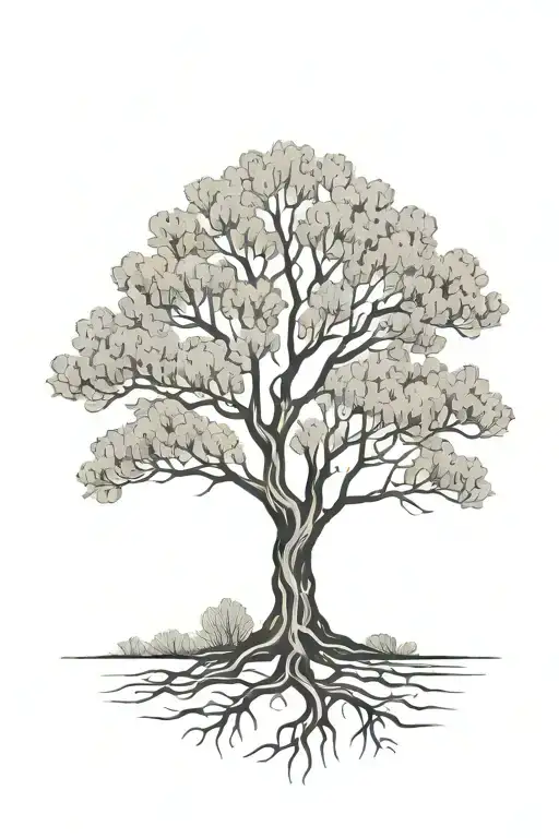 black and white  olive tree on hill with roots tattoo design idea