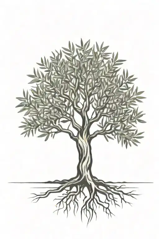 black and white  olive tree with roots tattoo design idea