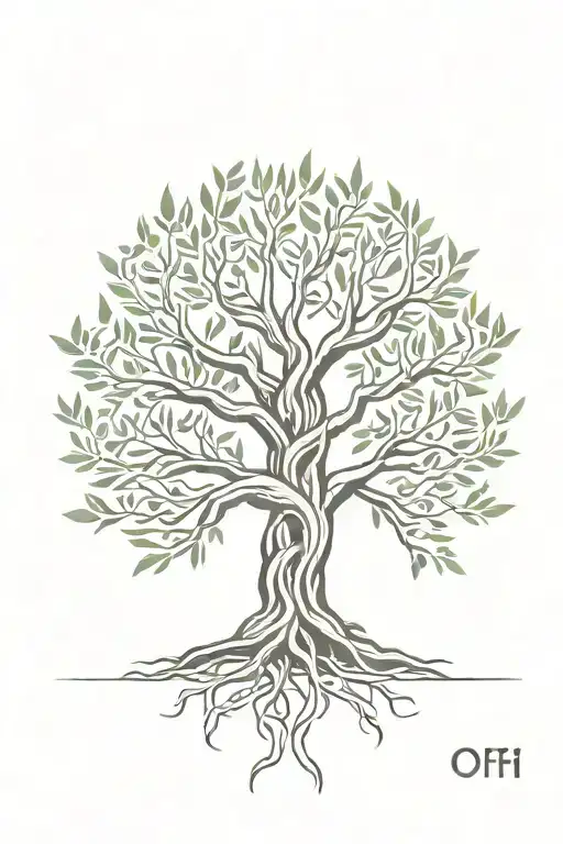 asymmetrical olive tree with roots with the letters "O,M,F" on the trunk  tattoo design idea