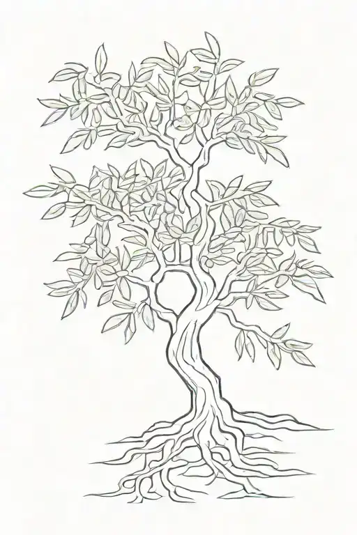 simple line olive tree with roots tattoo design idea