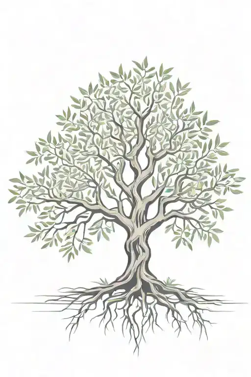 asymmetrical olive tree with roots reaching deep tattoo design idea