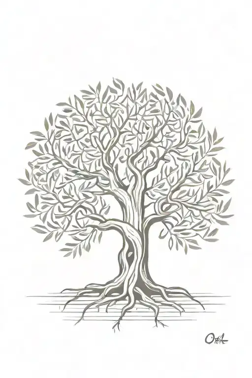 asymmetrical olive tree with roots with the letters "O,M, and F" in the trunk  tattoo design idea