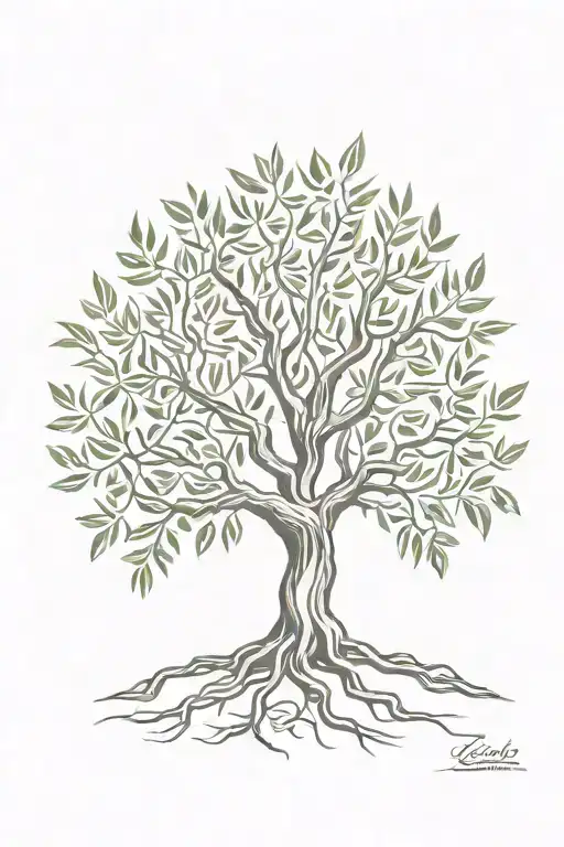 asymmetrical olive tree with roots tattoo design idea