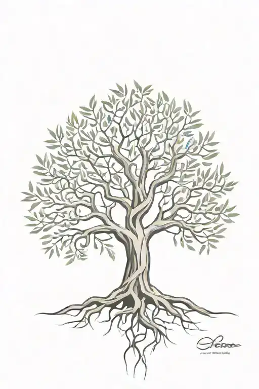 asymmetrical olive tree with roots tattoo design idea