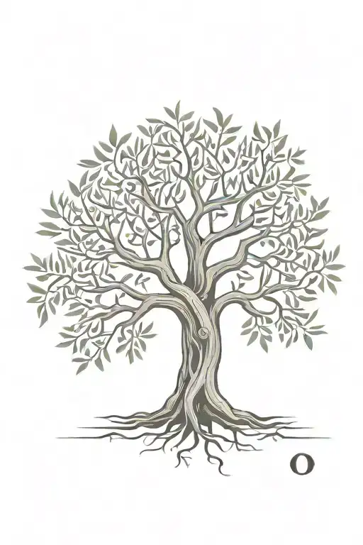 asymmetrical olive tree with roots with the letters "O,M, and F" in the trunk  tattoo design idea