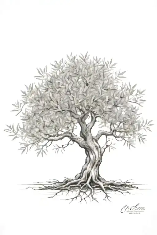 fine line olive tree with roots asymmetrical   tattoo design idea
