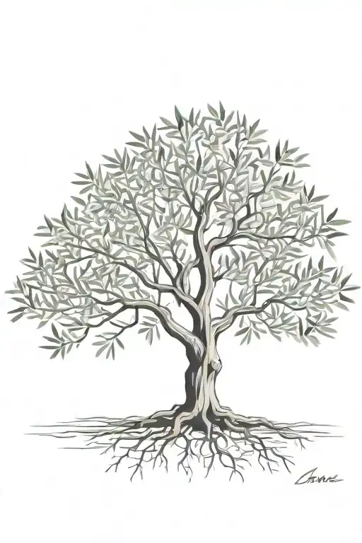 fine line olive tree with roots asymmetrical   tattoo design idea