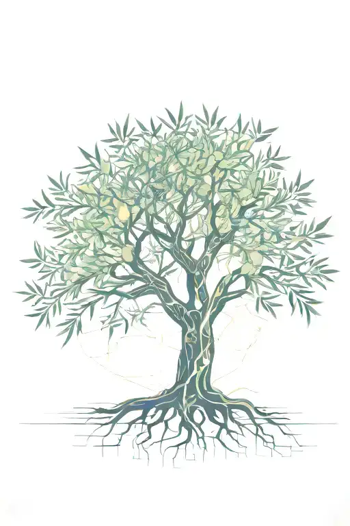 fine line olive tree with roots asymmetrical   tattoo design idea