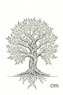 asymmetrical olive tree with roots with the letters "O,M,F" on the trunk  tattoo design idea