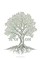 asymmetrical olive tree with roots with the letters "O,M,F" on the trunk  tattoo design idea