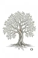 asymmetrical olive tree with roots with the letters "O,M, and F" in the trunk  tattoo design idea