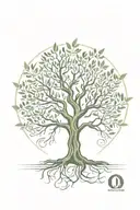 asymmetrical olive tree with roots with the letters "O,M, and F" in the trunk  tattoo design idea