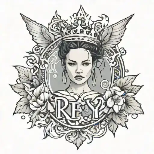 The word Rey with a crown hanging off the R tattoo design idea