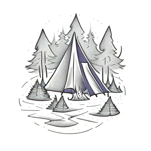tent, bonfire, forest. tattoo design idea
