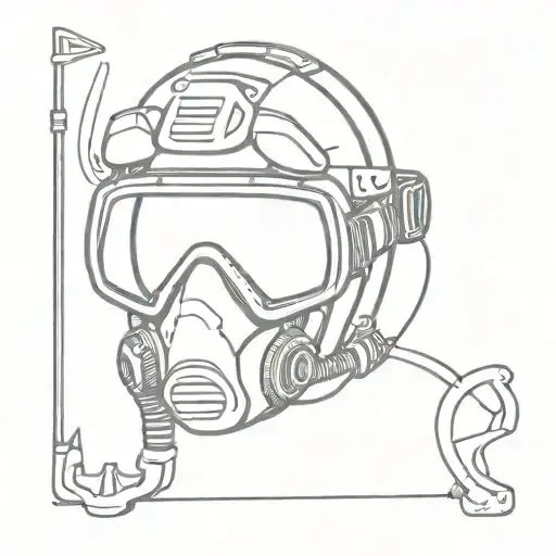 A composition of a scuba diving mask and a ski one, with mountain and see inside  tattoo design idea