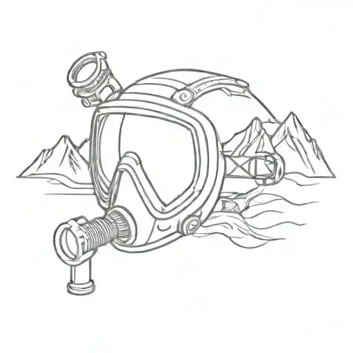A composition of a scuba diving mask and a ski mask, with mountain and see inside the glass  tattoo design idea