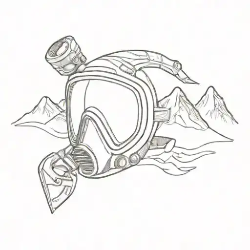 A composition of a scuba diving mask and a ski one, with mountain and see inside the glass  tattoo design idea