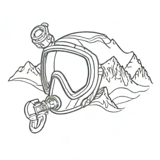 A composition of a scuba diving mask and a ski one, with mountain and see inside the glass  tattoo design idea