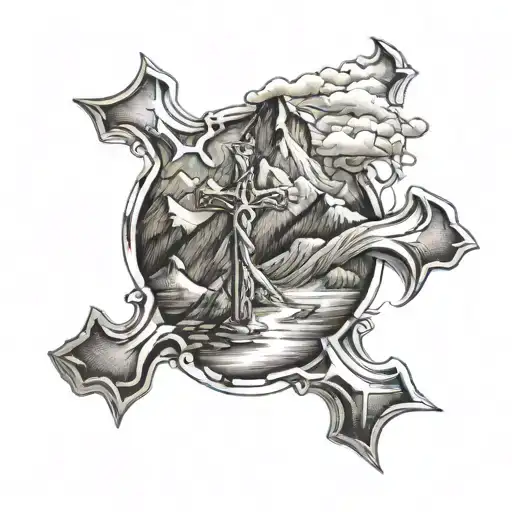 cross with mountains  tattoo design idea