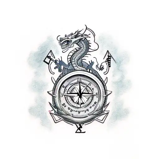 A dragon holding a traditional compass with witch's knot tattoo design idea