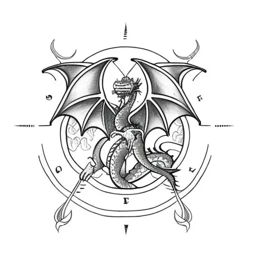 A dragon holding a traditional compass with witch's knot tattoo design idea
