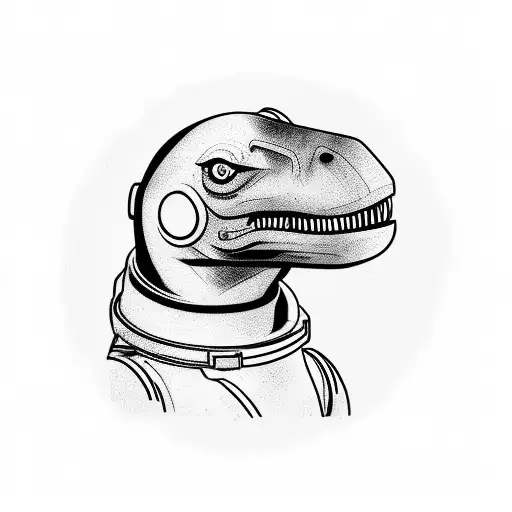 A dog wearing an astronaut helmet while having on leash an small velociraptor  tattoo design idea